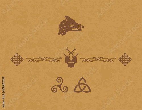 Celtic Elements on Parchment - Triquetra, Triskele, Druid and Knot Border, Boar Head