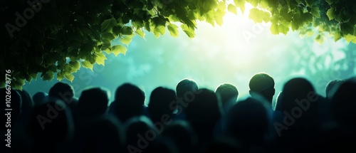  A sizeable crowd gathers before the forest, sunlight filtering through tree leaves photo