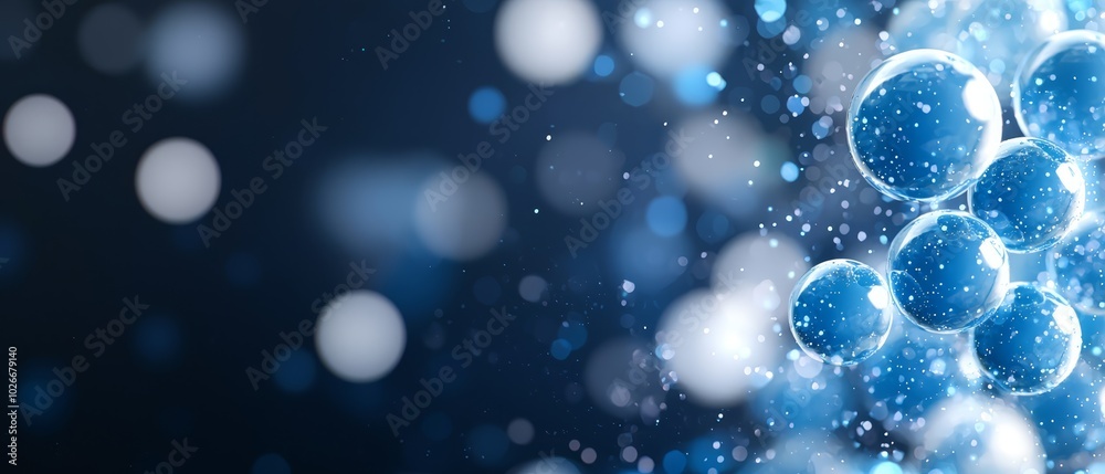 Dark blue background with numerous bubbles floating, illuminated from above by a beam of light Dark blue background with numerous bubbles floating, illuminated from above by a beam of light