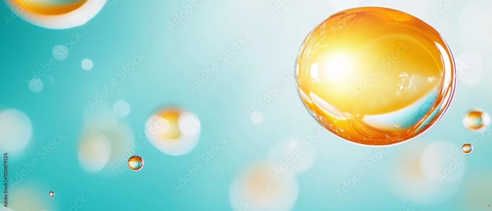A tight shot of a water droplet against a blue backdrop, featuring bubbles in the foreground and a gentle light blue sky in the background A tight shot of a water droplet against a blue backdrop, featuring bubbles in the foreground and a gentle light blue sky in the background