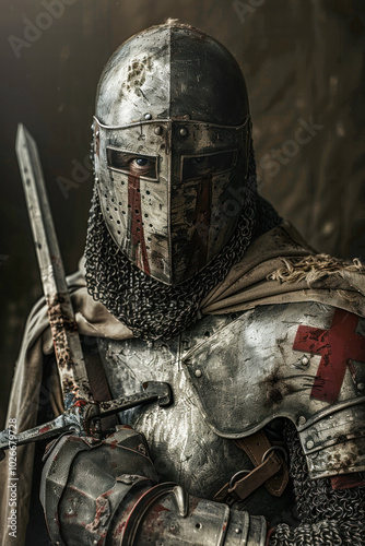 Elderly Templar knight holding a helmet in battle-worn armor