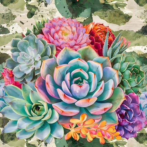 Wallpaper Mural Succulent botanical flowers. Watercolor illustration set. Seamless background pattern. Fabric wallpaper print texture. Torontodigital.ca