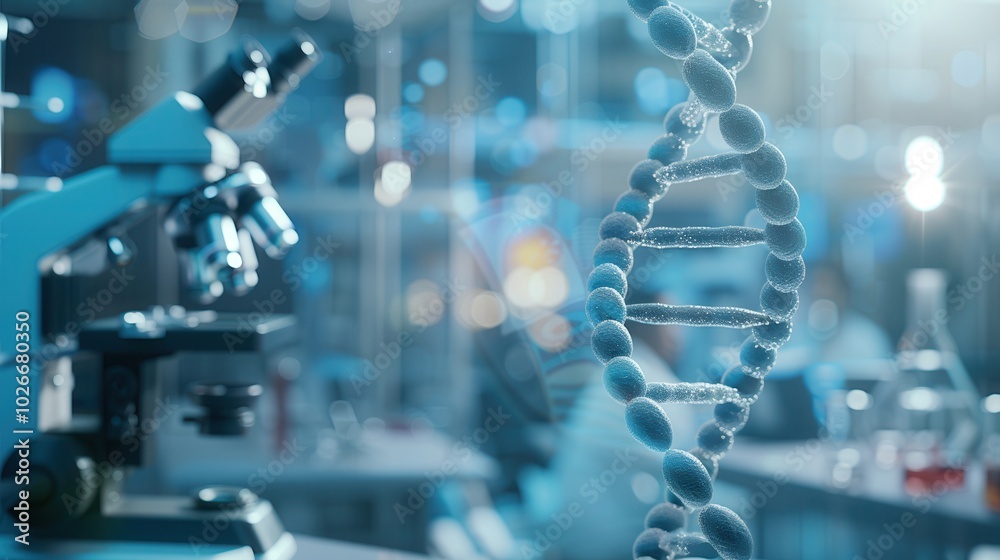 A prominent DNA strand is highlighted against a blurred laboratory backdrop, indicating ongoing genetic research and analysis. Generative AI A prominent DNA strand is highlighted against a blurred laboratory backdrop, indicating ongoing genetic research and analysis. Generative AI