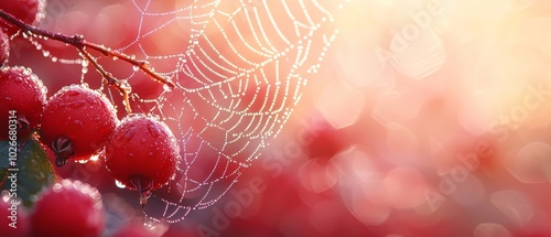  A tight shot of a spider web on a tree branch, adorned with dewdrops