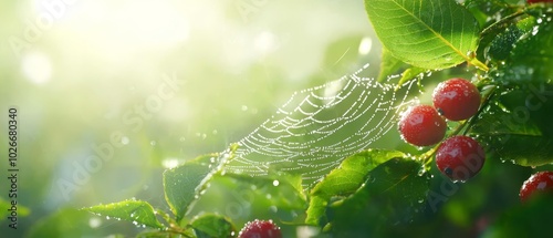  Close-up of a tree branch laden with berries and water droplets glistening on its leaves, under the radiant sunlight photo