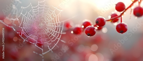  A tight shot of a spider web on a branch, red berries in sharp focus foreground, background softly blurred