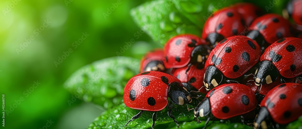 A red ladybug gathering on a green leaf, dotted with water droplets under the sun A red ladybug gathering on a green leaf, dotted with water droplets under the sun