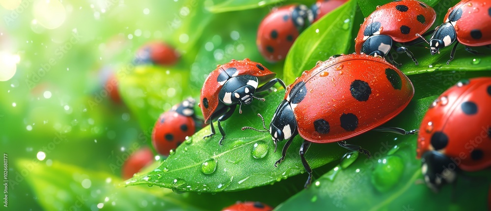  A group of ladybugs atop a verdant leaf, dotted with water droplets under the sun