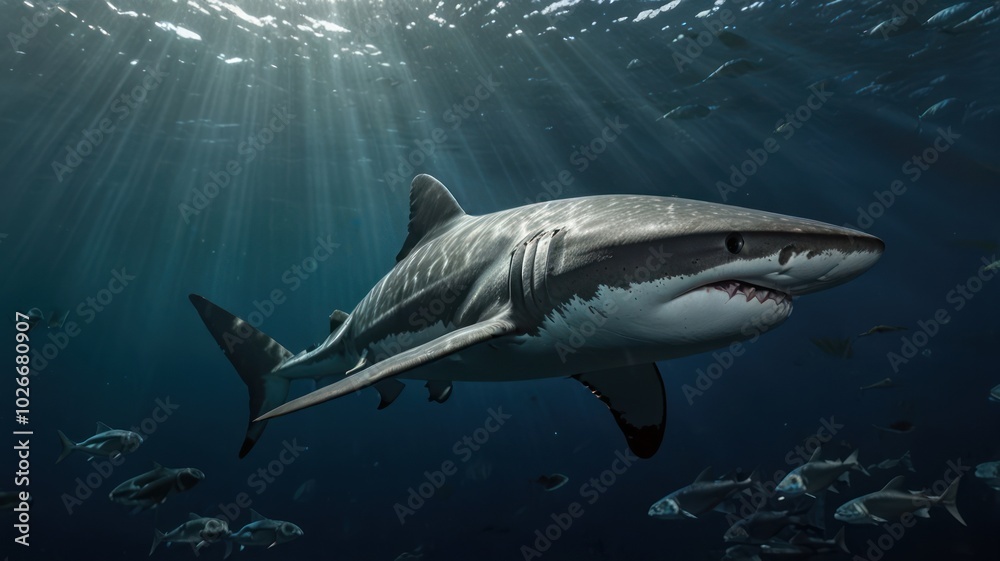 Naklejka premium A great white shark swims in the ocean, with sunlight shining through the water.