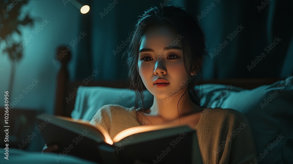 Woman reads a book in bed at night. Woman reads a book in bed at night.