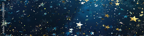 An abstract background of deep indigo and midnight black hues provides the perfect stage for a mesmerizing display of falling star-shaped confetti