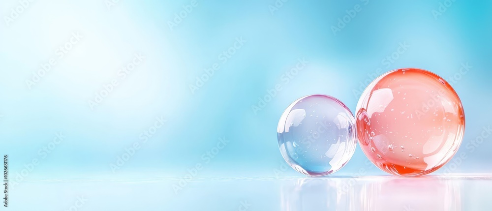 Two soap bubbles, closely captured against a backdrop of blue and pink Reflection of bubbles mirrored in water below Two soap bubbles, closely captured against a backdrop of blue and pink Reflection of bubbles mirrored in water below