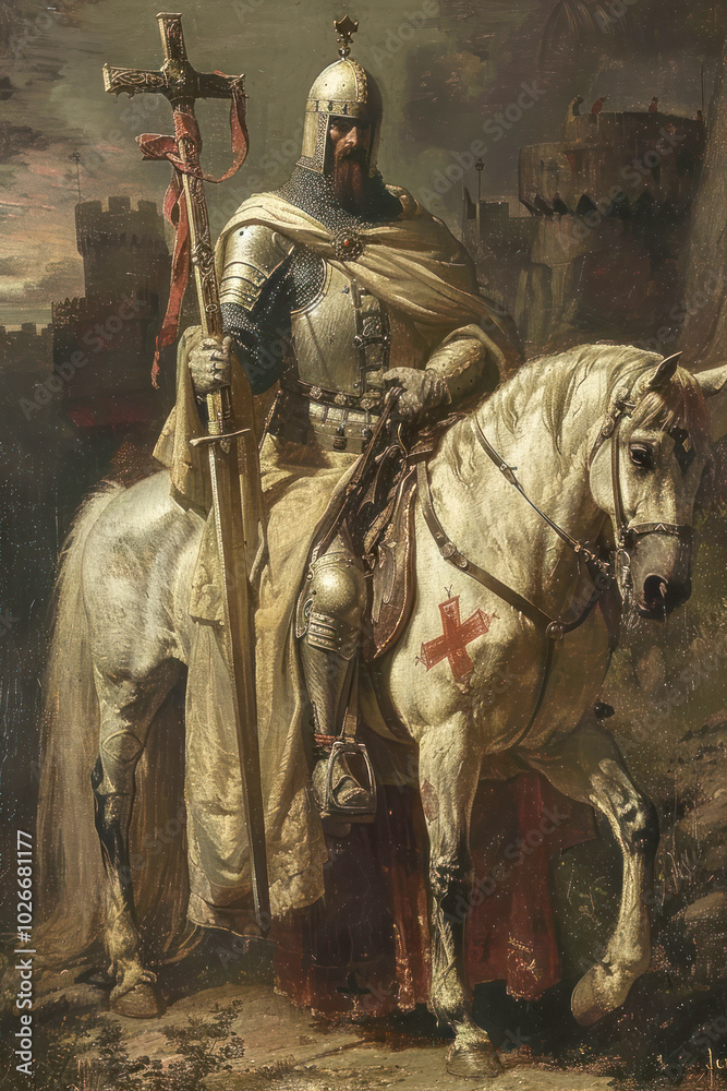 Fototapeta premium Templar knight on horseback holding a cross in medieval setting