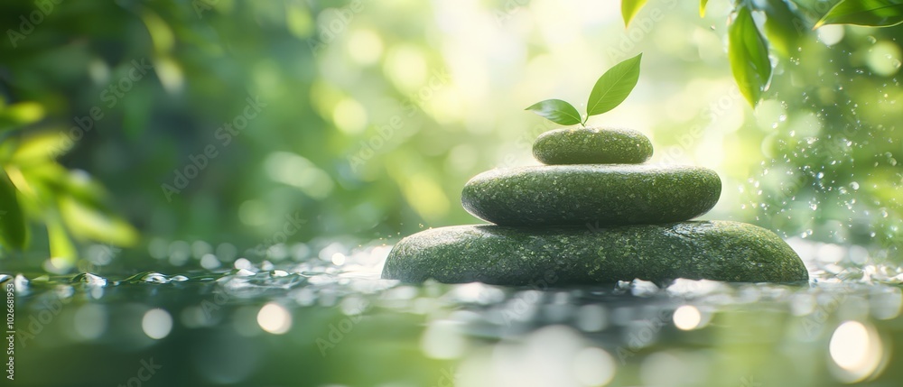 A stack of emerald stones atop a tranquil body of water, sprouting a solitary plant from its summit A stack of emerald stones atop a tranquil body of water, sprouting a solitary plant from its summit