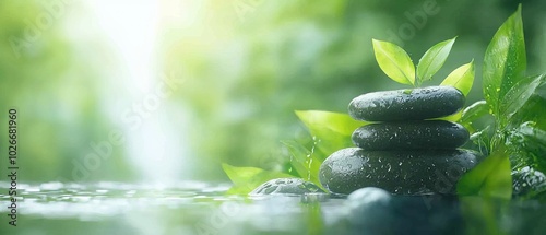  A pile of rocks atop a tranquil body of water Nearby, a lush, green forest, its leaves shimmering with water