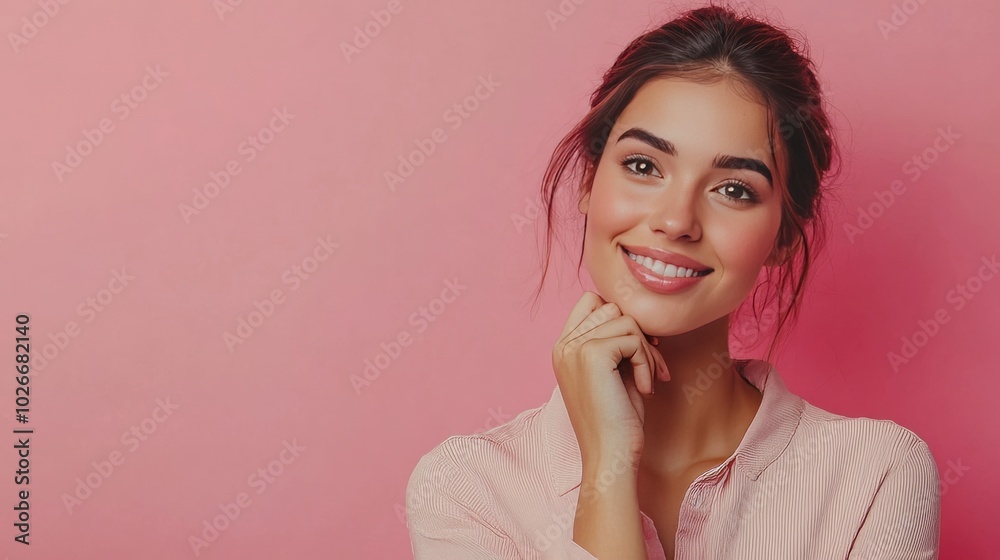Dreamy woman smiles against pink wall. Dreamy woman smiles against pink wall.