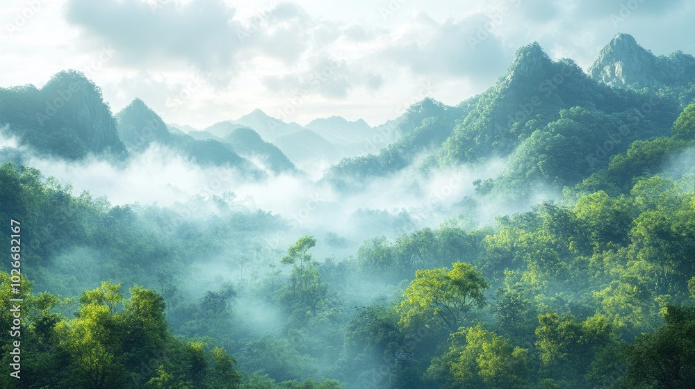 Obraz premium Misty mountains bathed in early morning light, a perfect nature scene for adventurous spirits and serene landscapes.