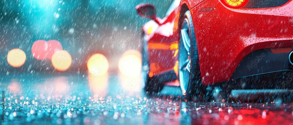 A tight shot of a red sports car on a rain-slicked road during heavy rainfall Blurred street light glows faintly in the background A tight shot of a red sports car on a rain-slicked road during heavy rainfall Blurred street light glows faintly in the background