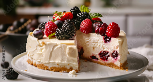 Wallpaper Mural A cheesecake with berries: raspberry, blueberry, and blackberry on a white plate. A slice reveals the berry filling. The bright colors of the berries contrast with the pale yellow cheesecake. Perfect  Torontodigital.ca