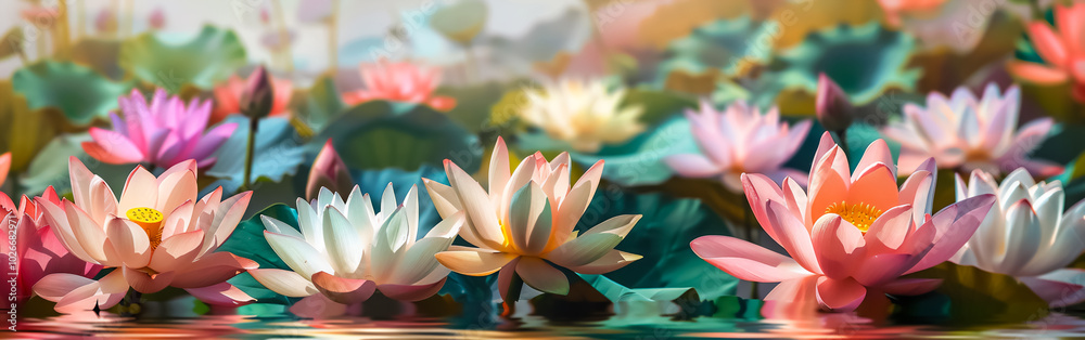Fototapeta premium Picturesque pond with lotus flowers, where vibrant blooms blend beautifully with green leaves, creating a stunning composition. This place inspires creativity and tranquility.