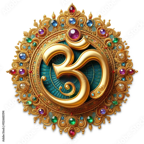 Indian Hinduism religious symbol golden text Om, aum, or oim meaning adoration to Hindu god, decorated with emerald, sapphire, ruby, jewels, ornate, gold thread, cutout in transparent background, png  photo