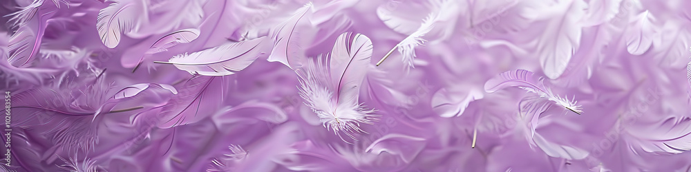 Obraz premium The soft, dreamy hue of lavender envelops a textured abstract background as delicate feathers dance and drift gently downward.