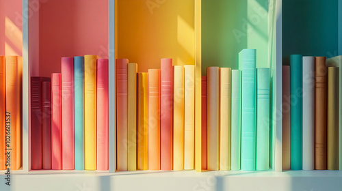 Rows of organized books with colorful spines, creating a rainbow effect on a minimalist bookshelf.