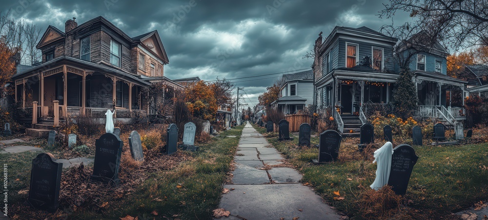 Fototapeta premium A row of houses with intricate Halloween decorations.