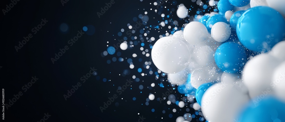 Blue and white balloons with confetti beneath, float in the air Blue and white balloons with confetti beneath, float in the air