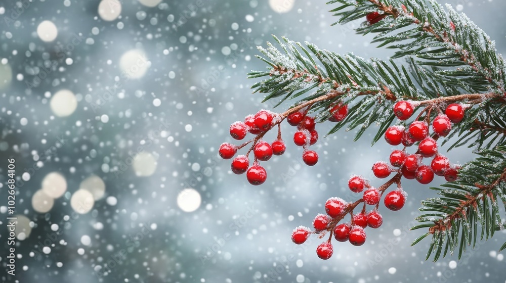 Twig with red berries, evergreen fir over gray bokeh, snow drops, Christmas greetings Twig with red berries, evergreen fir over gray bokeh, snow drops, Christmas greetings