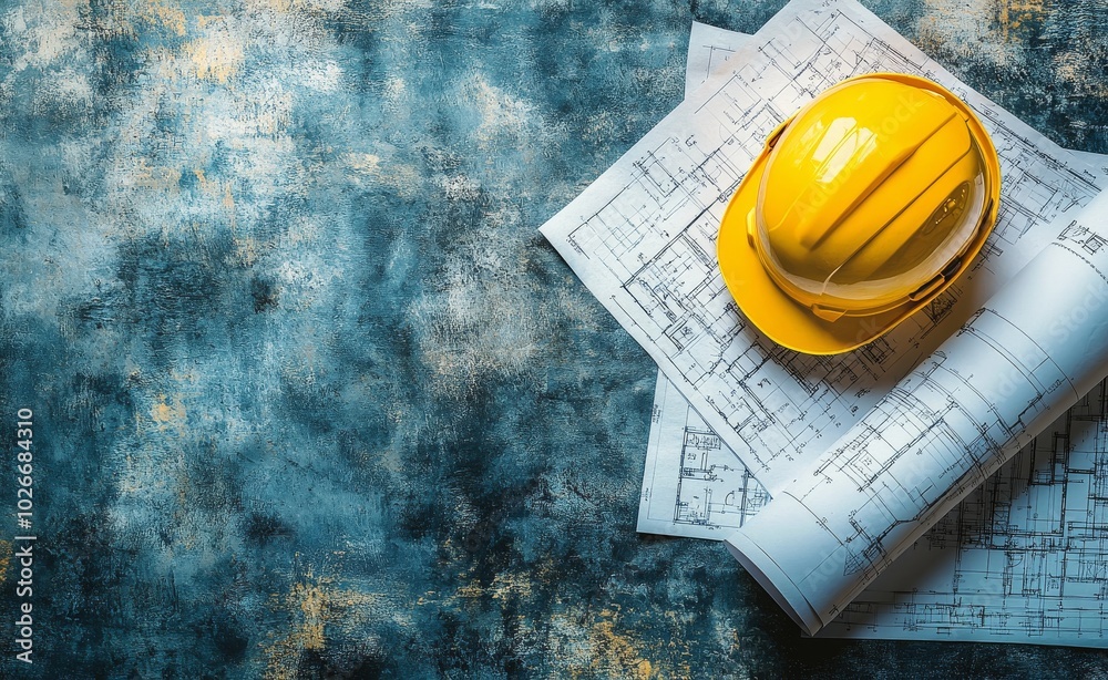 Construction tools and plans on a blue background featuring a yellow hard hat and hammer Construction tools and plans on a blue background featuring a yellow hard hat and hammer