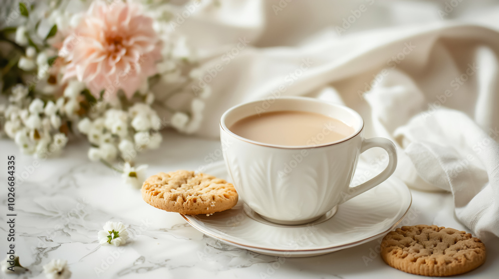 A beautifully crafted cup of latte art coffee is placed on a white cloth, accompanied by a selection of cookies. The hot coffee and crunchy treats create a warm, inviting ambiance. Perfect for adverti A beautifully crafted cup of latte art coffee is placed on a white cloth, accompanied by a selection of cookies. The hot coffee and crunchy treats create a warm, inviting ambiance. Perfect for adverti