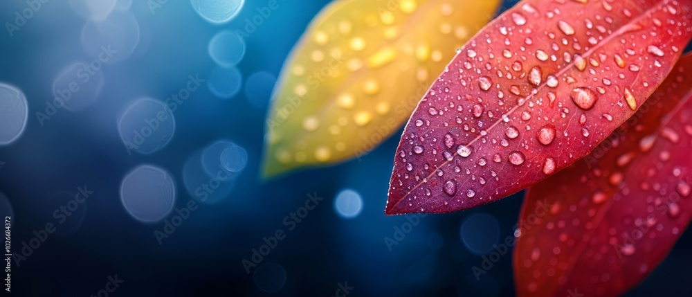  Close-up of red and yellow flower with water drops, blurry blue background