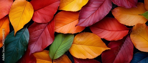  A collection of varied leaves, shaped and sized differently, yet uniformly hued with shades of green, yellow, red, orange, and green photo