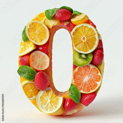 3D number 0 with fruit texture realistic modern design, soft lighting, white background  photo