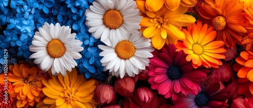  A tight shot of various colored flowers, with their centers occupying the image's core