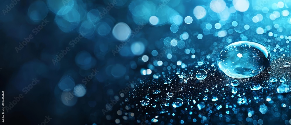A tight shot of a water droplet atop a surface, framed against a backdrop of soft, blue bokeh from the surrounding light A tight shot of a water droplet atop a surface, framed against a backdrop of soft, blue bokeh from the surrounding light