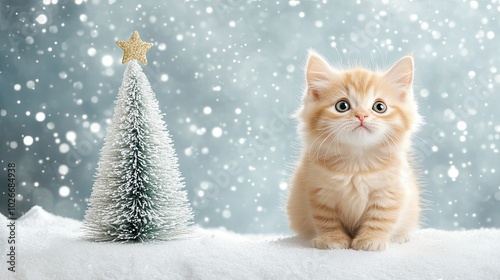 A kitten sits next to the figure of a small fluffy plastic Christmas tree, the top of which is decorated with a star. The concept of coziness, warmth and tenderness. Pet. Design for greeting card.
