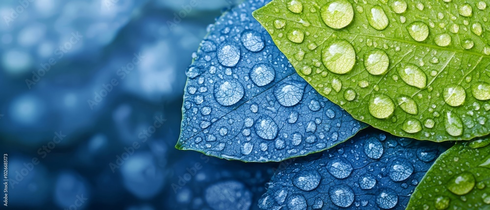  A tight shot of a wet green leaf against a blue backdrop, adorned with blue and green foliage