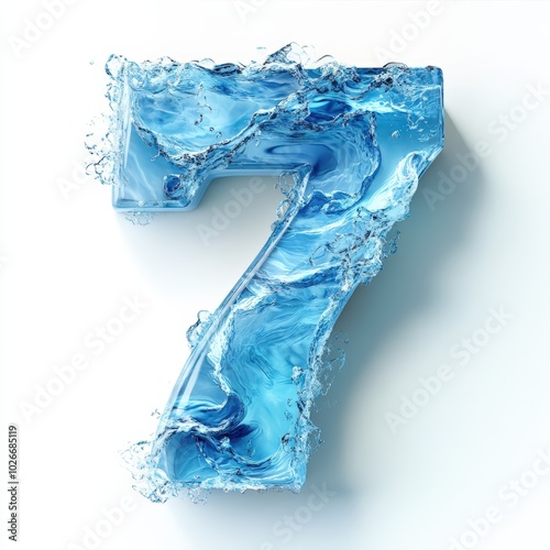 3D number 7 with water ocean waves texture realistic modern design, soft lighting, on white background