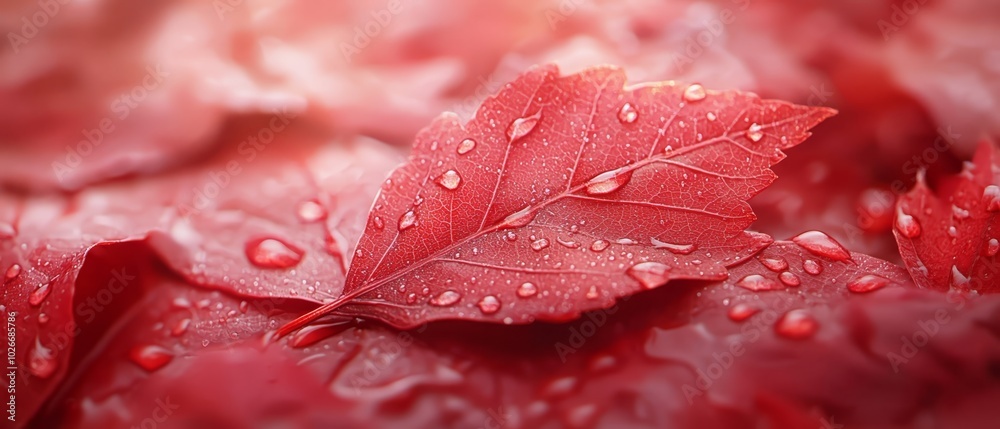 Fototapeta premium red leaves with water droplets, softly blurred