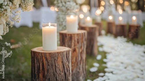 Candles on stumps near altar.
