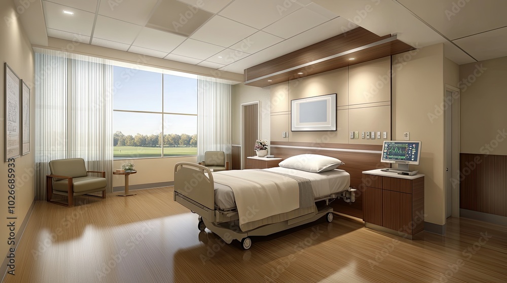 Modern luxury cosy hospital room with an empty bed for the patient and modern medical equipment. Private medical facility with professional services. Illustration for advertising, marketing, etc. Modern luxury cosy hospital room with an empty bed for the patient and modern medical equipment. Private medical facility with professional services. Illustration for advertising, marketing, etc.