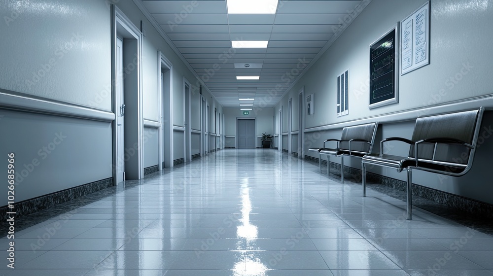 A long narrow empty corridor with closed doors along the walls. Apartments, wards or offices in a stylish modern building. Illustration for a cover, postcard, brochure or advertisement. A long narrow empty corridor with closed doors along the walls. Apartments, wards or offices in a stylish modern building. Illustration for a cover, postcard, brochure or advertisement.