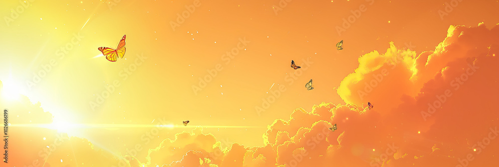 Sunshine Slumber: A warm, sunlit game show background with yellow and orange hues, soft clouds in the sky, and a few small butterflies fluttering about, creating a tranquil atmosphere. Sunshine Slumber: A warm, sunlit game show background with yellow and orange hues, soft clouds in the sky, and a few small butterflies fluttering about, creating a tranquil atmosphere.