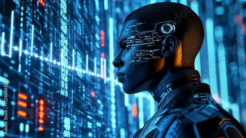 Wallpaper Mural A futuristic cyborg stands against a wall of digital code, observing a glowing data stream Torontodigital.ca