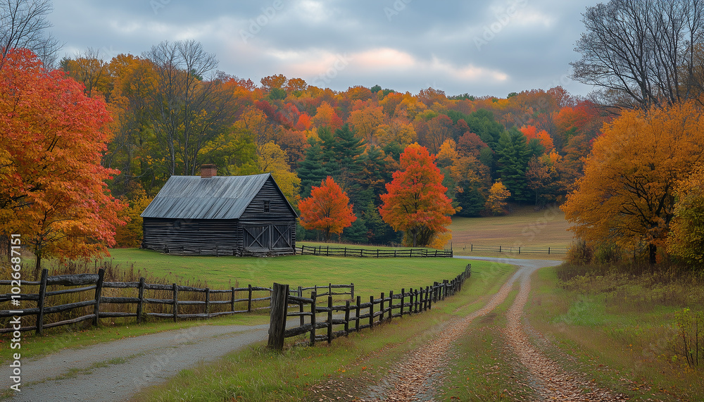 Fall in a Russian village featuring a sunlit old wooden barn, a wooden fence, and a forest path. The sky is filled with clouds before a thunderstorm.