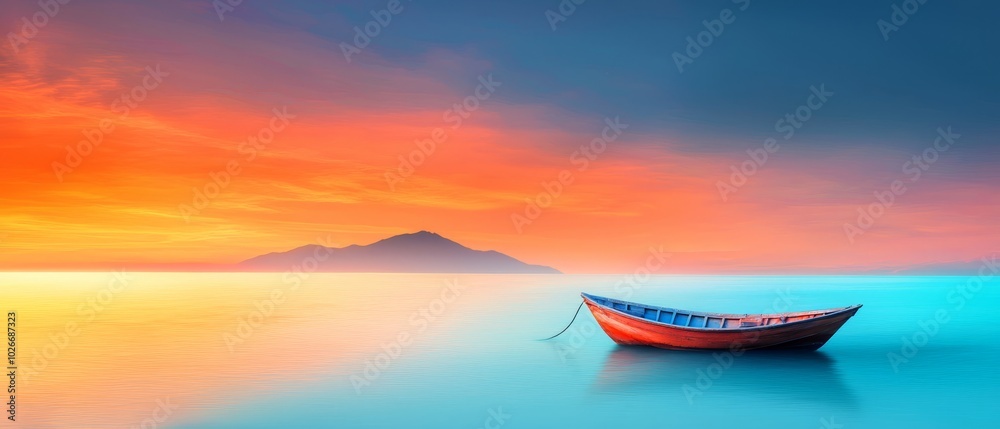 A boat floats on a tranquil body of water, surrounded by a vibrant, colorful sky In the distance, a majestic mountain peaks emerge A boat floats on a tranquil body of water, surrounded by a vibrant, colorful sky In the distance, a majestic mountain peaks emerge