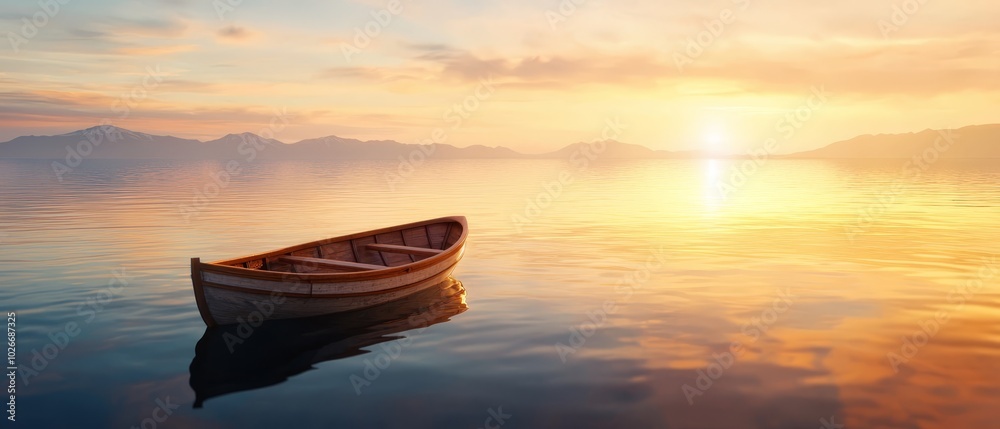 A boat floats on a body of water, surrounded by a cloudy sky The sun sets in the distant horizon A boat floats on a body of water, surrounded by a cloudy sky The sun sets in the distant horizon