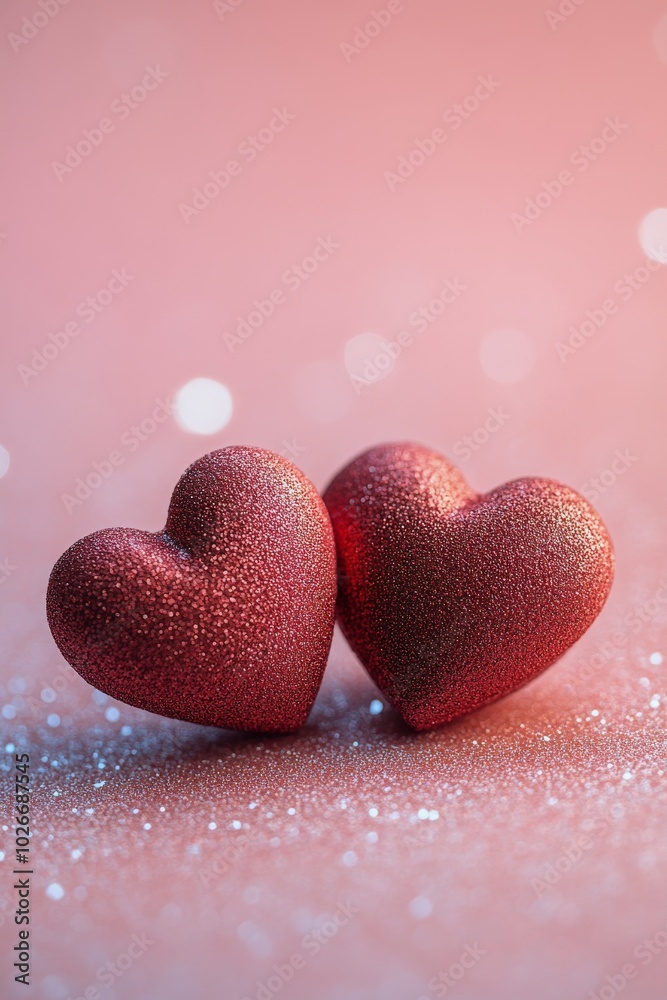 Fototapeta premium Two sparkling red hearts on a soft pink background adorned with shimmering glitter elements